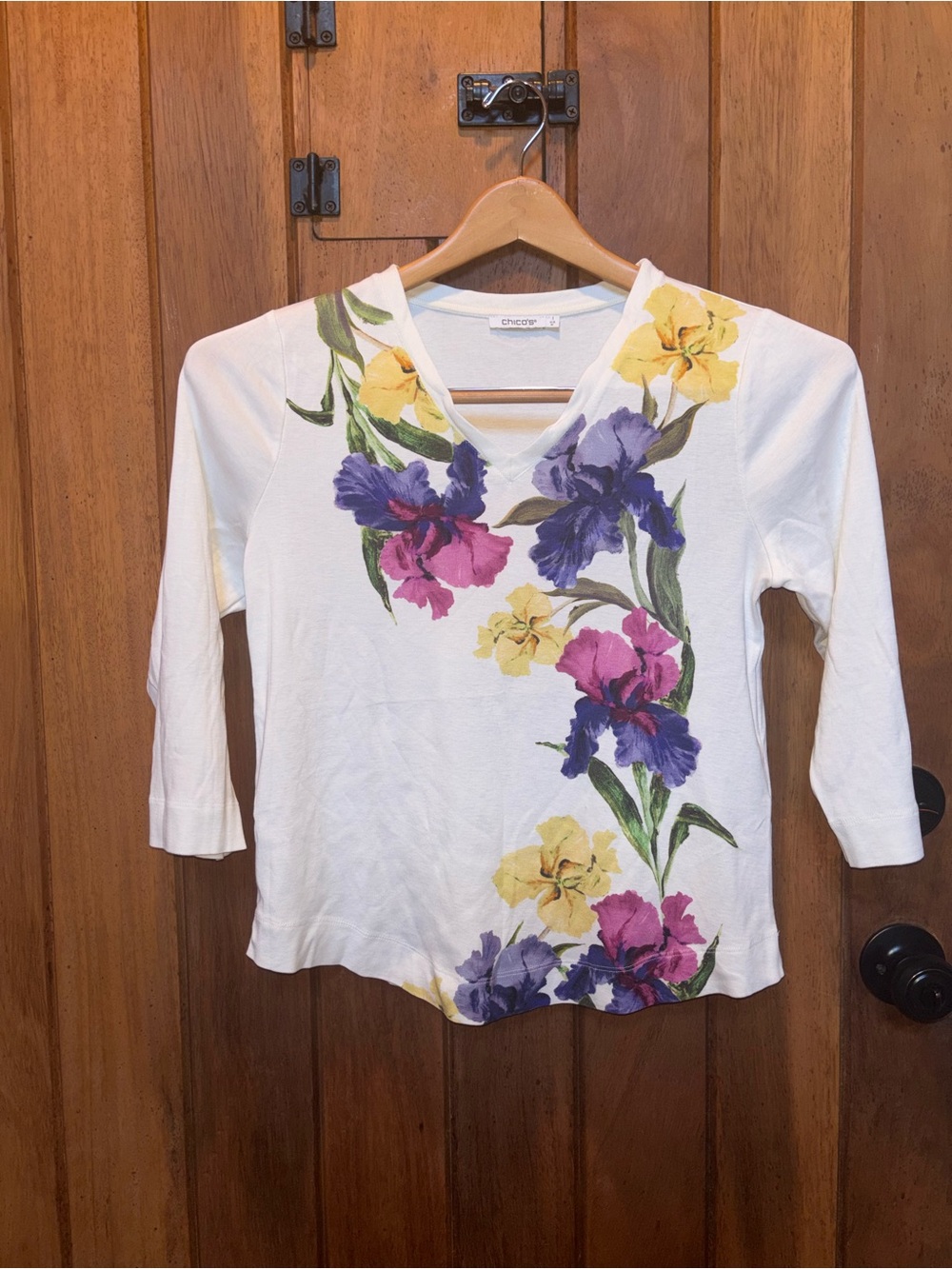 Chico's White Floral V-Neck Long Sleeve Top with Purple, Pink & Yellow Blooms